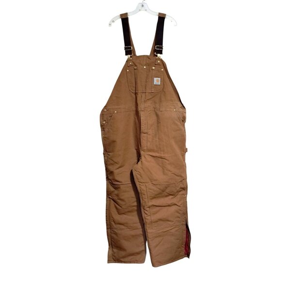 Carhartt Mens Brown Insulated Duck Bib Overalls Size 50 X 30 With Red Quilted Li - Picture 2 of 13